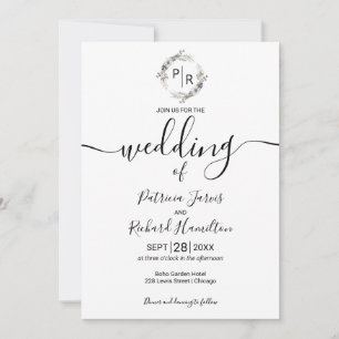 Invitación Floral de Boda Monograma Caligrafía Moderna