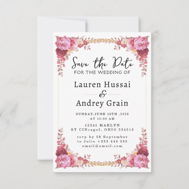Invitación floral de boda para guardar la fecha (Anverso)