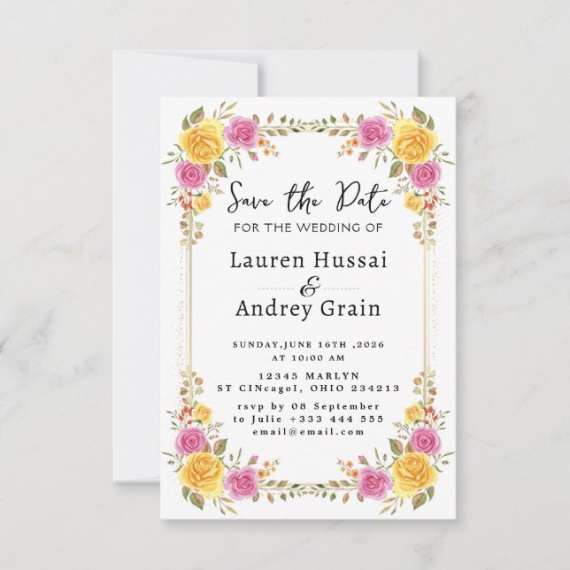 Invitación floral de boda para guardar la fecha (Anverso)