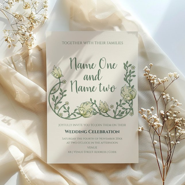 Invitación floral de bodas al estilo Art Nouveau (Art nouveau style wedding invitation with vintage style floral border and green script.)