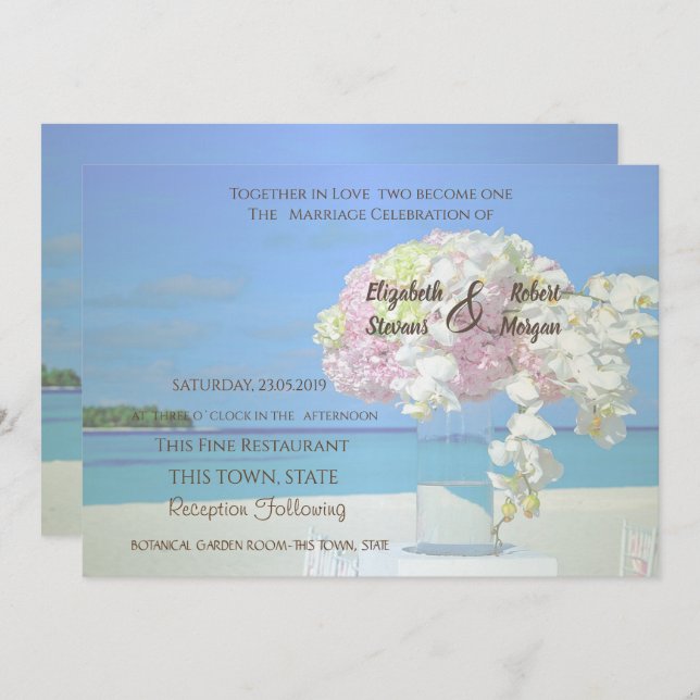 Invitación floral de bodas de playa (Anverso / Reverso)