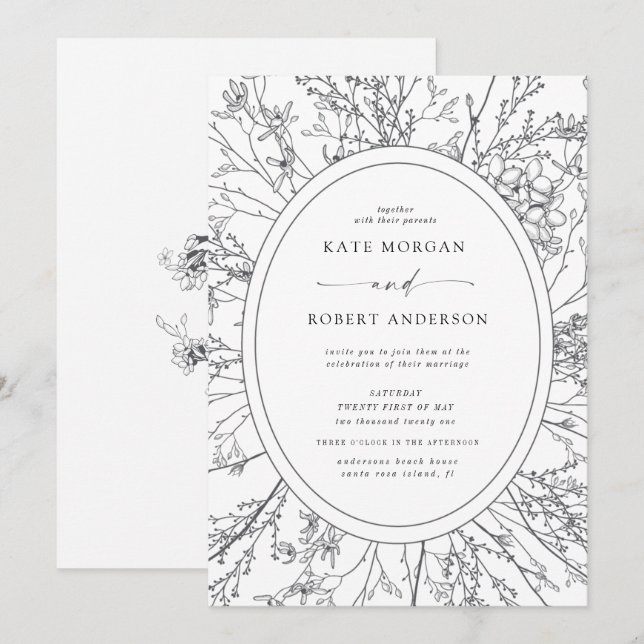 invitación floral de bodas moderna esbozada (Anverso / Reverso)
