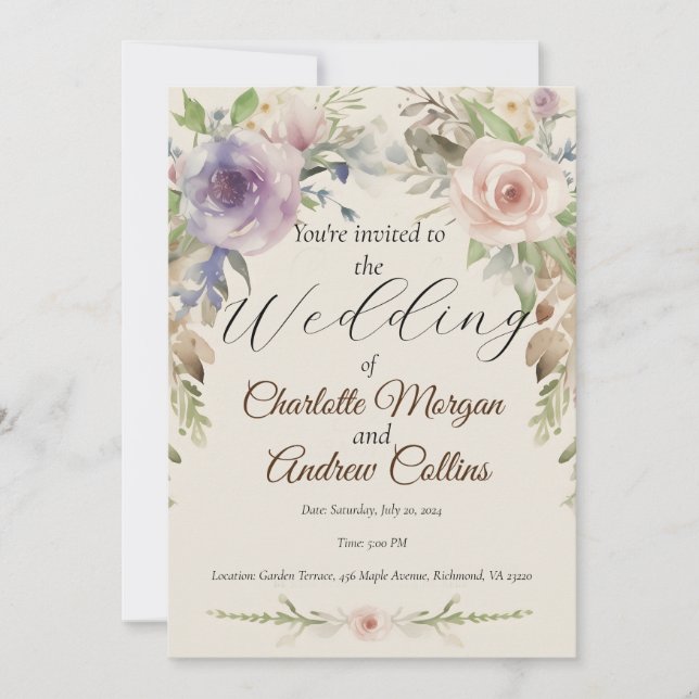 Invitación floral de bodas pintada (Anverso)