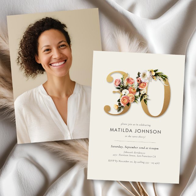 Invitación Floral de Boho con foto de 30 años (Boho Floral with Photo 30th Birthday Invitation)