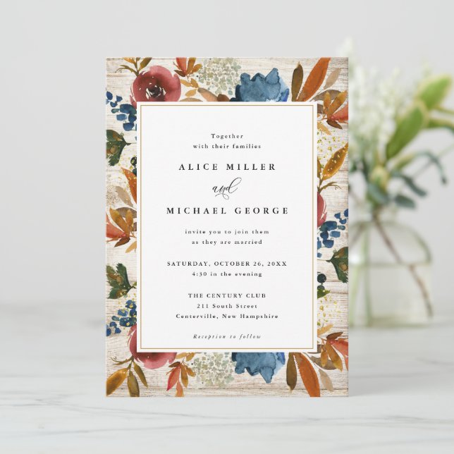 Invitación Floral de boho de la marina y el óxido, Boda de la (Anverso de pie)