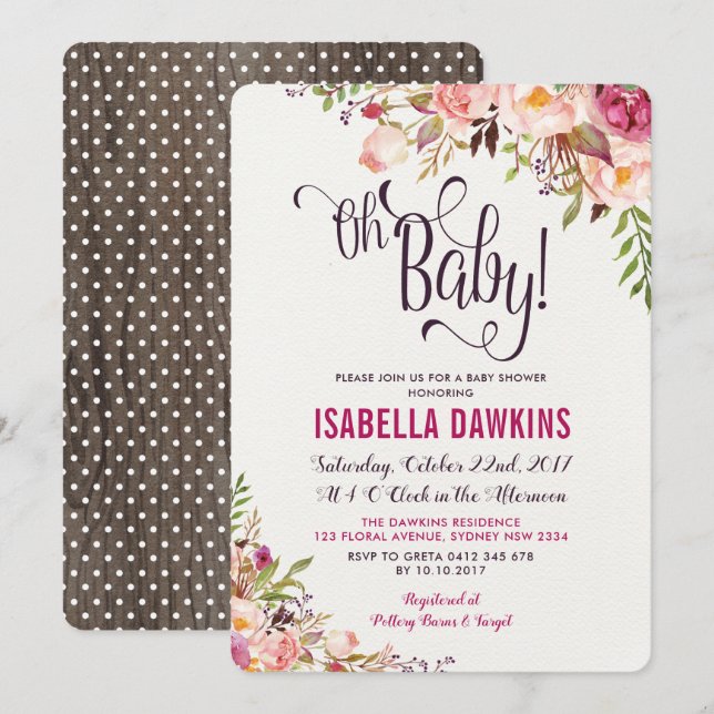 Invitación floral de Boho en Baby Shower Flor rúst (Anverso / Reverso)