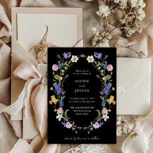 Invitación Floral de Boho negro y brillante   Boda