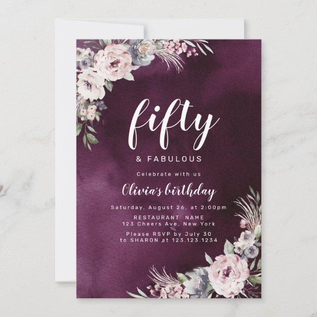Invitación Floral de boho rosa púrpura y polvoriento 50 cumpl (Anverso)