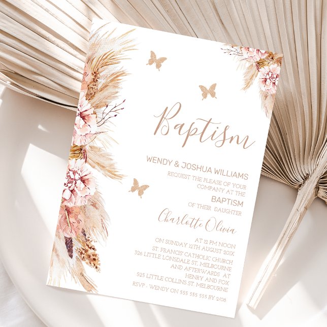 Invitación Floral De Boho Rosa Y Baptismo De Mariposas (Boho floral baptism invitation for baby girl also featuring some faux gold glitter butterflies.)