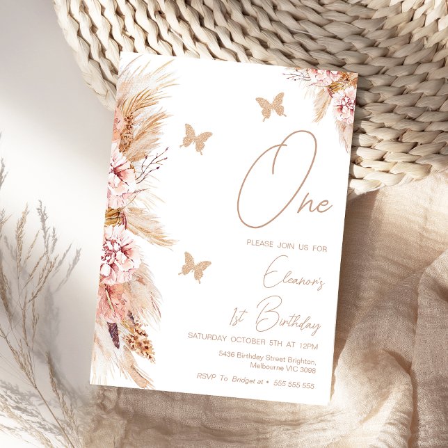 Invitación Floral De Boho Rosa Y Mariposas Primer Cumpleaños (Girls Boho Floral 1st Birthday Invitation Butterfly Butterflies First Birthday Invitation Girl)