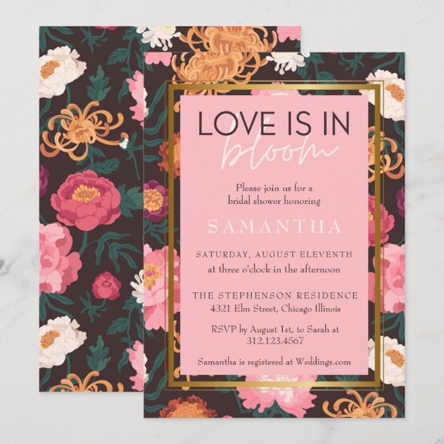 Invitación Floral de Boho rosa y marrón en la ducha Brida (Anverso / Reverso)