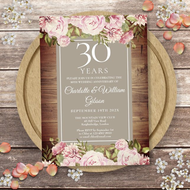 Invitación Floral de Boho Rosas Rústicos en el 30 aniversario (30th Wedding Anniversary Boho Rustic Roses Floral Invitation)