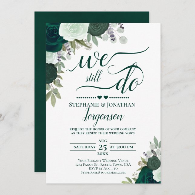 Invitación Floral de boho verde esmeralda aún prometemos reno (Anverso / Reverso)