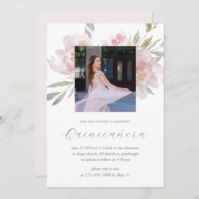Invitación Floral de bonito 15 años cumpleaños foto de Quince (Anverso / Reverso)