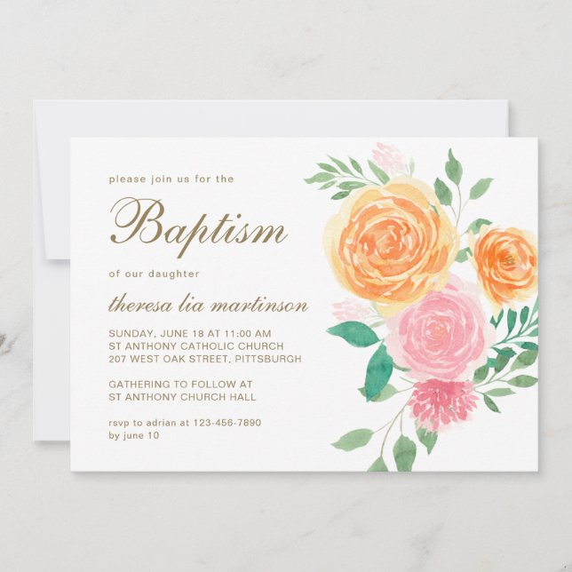 Invitación Floral de bonito con bautismo cruzado (Anverso)