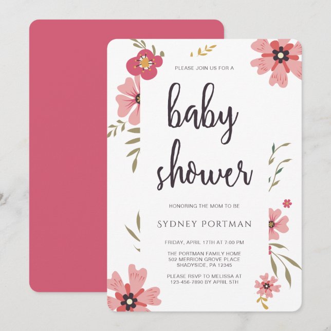 Invitación Floral de Bonito moderna de Baby Shower (Anverso / Reverso)