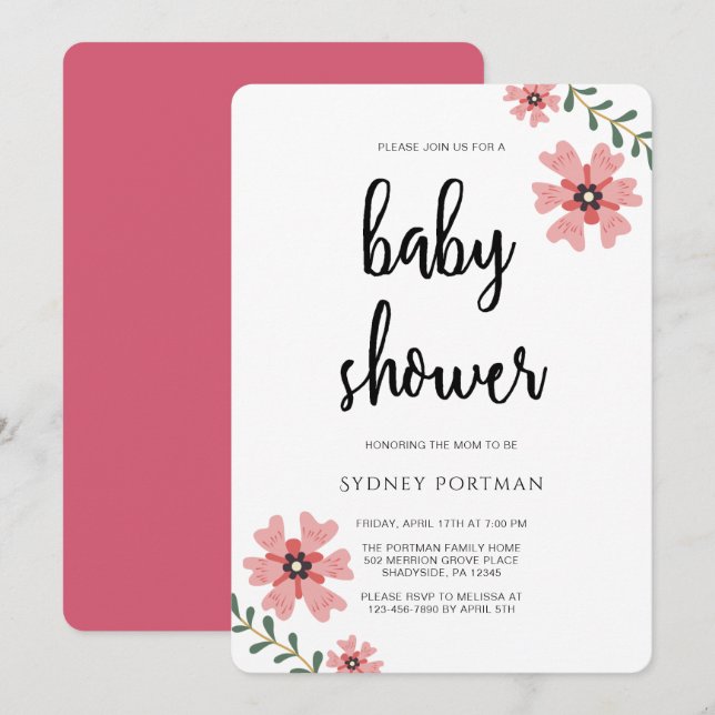 Invitación Floral de Bonito moderna de Baby Shower (Anverso / Reverso)
