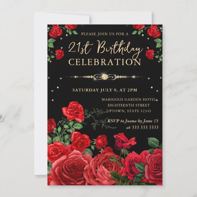 Invitación Floral de borde de rosas rojas 21 cumpleaños (Anverso)