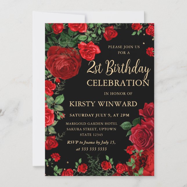 Invitación Floral de borde de rosas rojas 21 cumpleaños (Anverso)