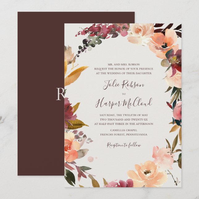 Invitación Floral de Borgoña | Boda tradicional beige (Anverso / Reverso)