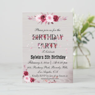 Invitación Floral de Borgoña con fondo de madera Cumpleaños