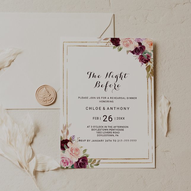 Invitación Floral de borgoña geométrica de oro la noche anter (Subido por el creador)