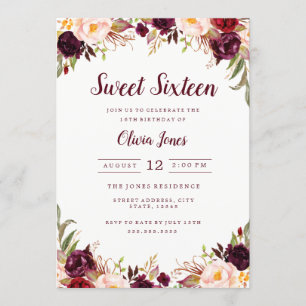 Invitación floral de Borgoña para Sweet Sixteen