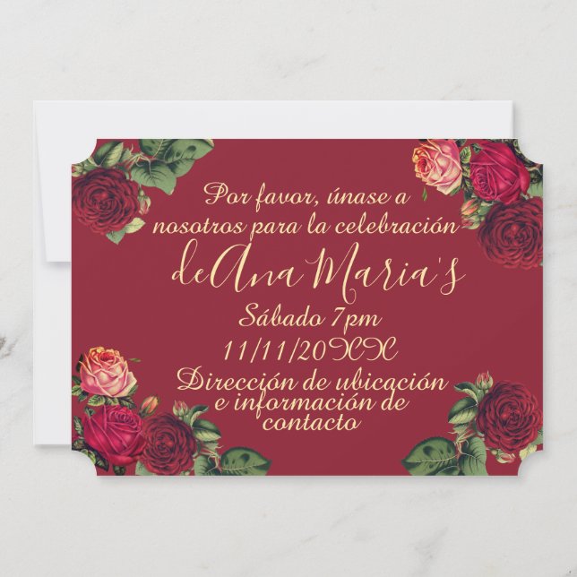 Invitación Floral de Borgoña Quinceanera (Reverso)