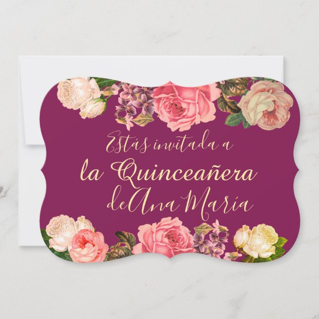 Invitación Floral de Borgoña Quinceanera Celebración (Anverso)
