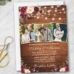Invitación Floral de Borgoña Rusa 3 Boda de luces de madera f<br><div class="desc">Madera rústica,  acuarela Borgoña Invitación a la Boda Floral con Rosas de Borgoña,  rosas rosadas,  rosas rojas y vegetación botánica. Luces de cuerda brillantes.</div>
