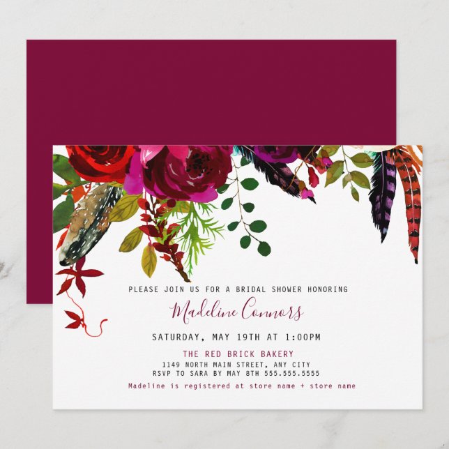 Invitación Floral de Borgoña y ducha nupcial (Anverso / Reverso)