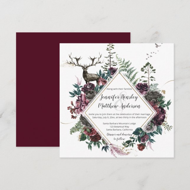 Invitación Floral de Borgoña y Gris con escalofríos y vegetac (Anverso / Reverso)