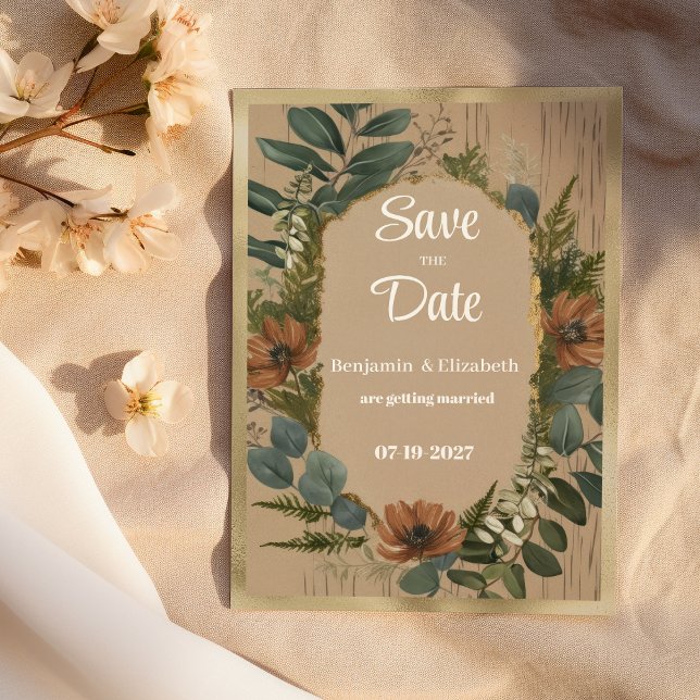 Invitación Floral de bosque rústico botánico Save the Date (Botanical rustic woodland floral Save the Date)