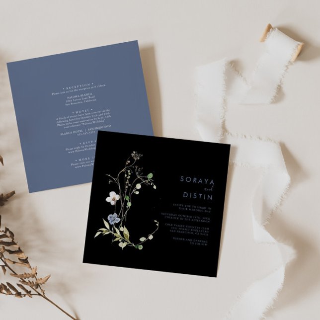 Invitación Floral de bosque salvaje negro y Boda frontal (Subido por el creador)
