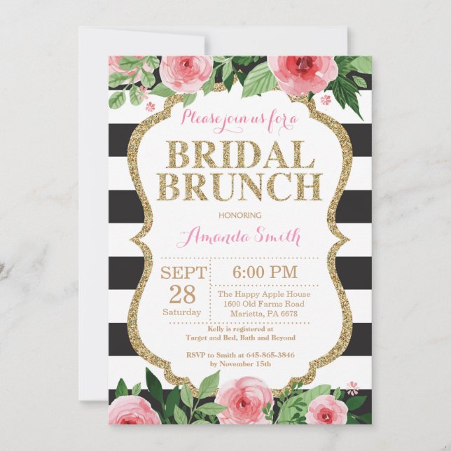 Invitación Floral de brunch de novias de oro negro rosado (Anverso)