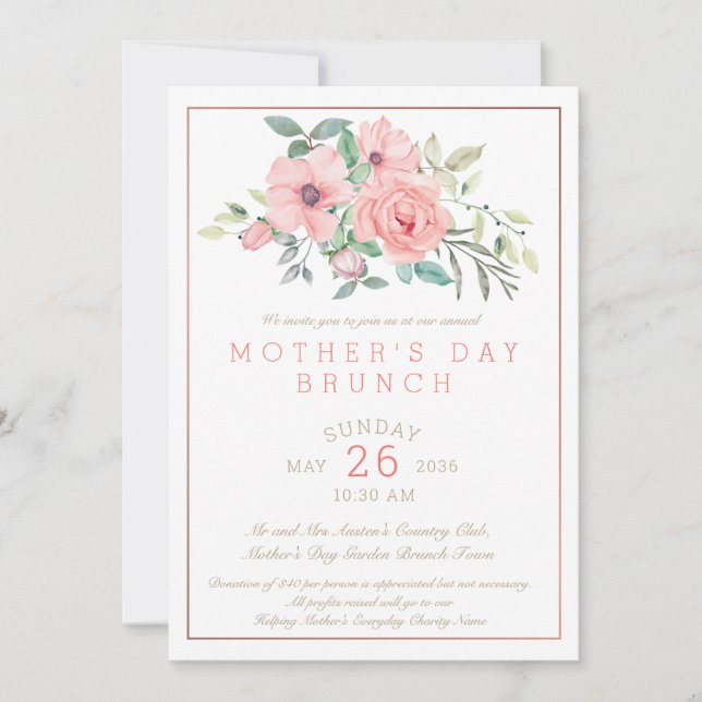 Invitación Floral de brunch del día de la madre acuarela (Anverso)
