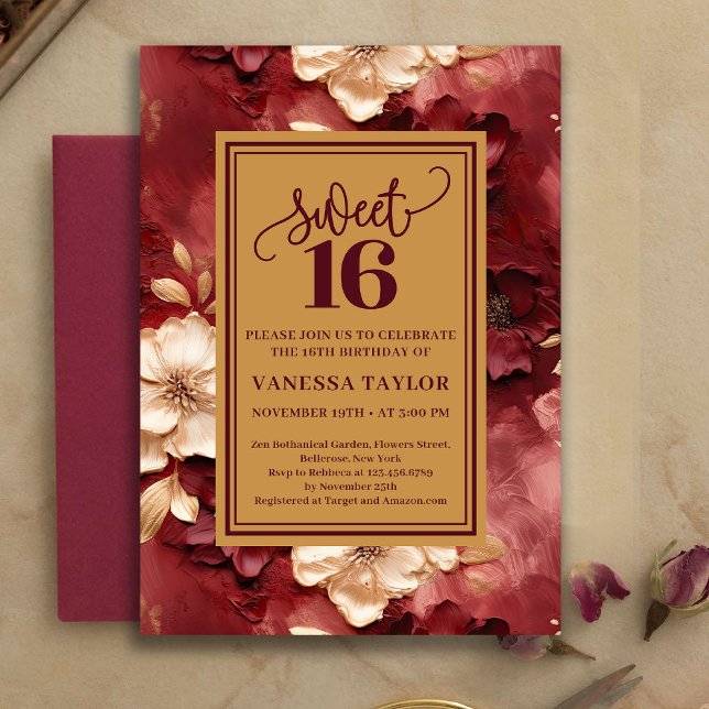 Invitación floral de Burgundy oro Sweet 16 sofisti (Sophisticated Sweet 16 Burgundy Gold Floral Invite)