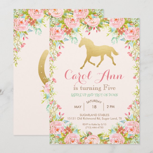 INVITACIÓN FLORAL DE CABALLO PARA CUALQUIER EDAD/E (Anverso / Reverso)