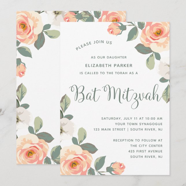 Invitación Floral de cada Bonito| Bat Mitzvah (Anverso / Reverso)
