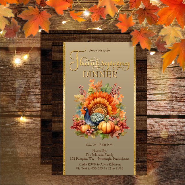 Invitación Floral de calabaza de elegancia rústica | Día de A (Rustic Elegance Pumpkin Floral and Faux Wood Thanksgiving Dinner Invitation)