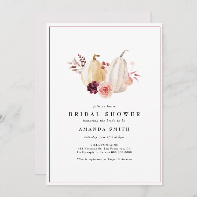 Invitación Floral de calabaza de otoño Rubor ducha de novia r (Anverso / Reverso)