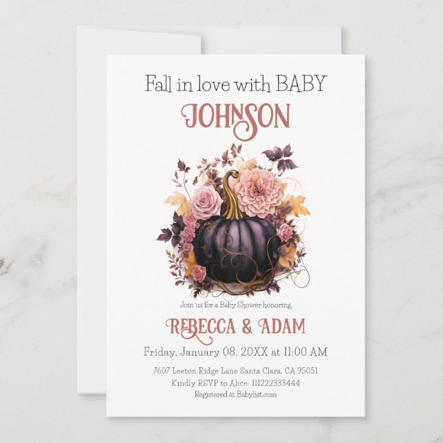 Invitación Floral de calabaza negra se enamora de Baby Shower (Anverso)