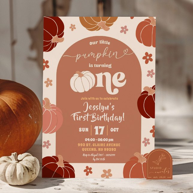 Invitación Floral de calabaza retro primer cumpleaños (Subido por el creador)