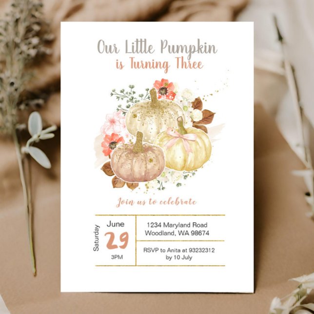 Invitación Floral de calabazas de oro de tercer cumpleaños (Subido por el creador)
