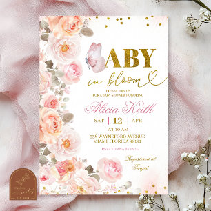 Invitación floral de capullo rosa para bebé en flo