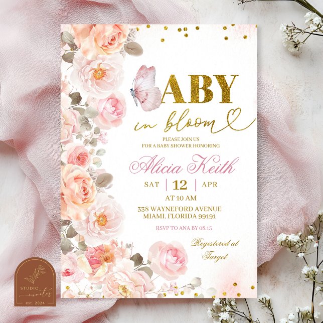 Invitación floral de capullo rosa para bebé en flo (Subido por el creador)