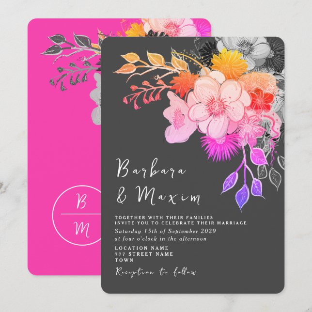 Invitación floral de casamiento rosa y negro (Anverso / Reverso)