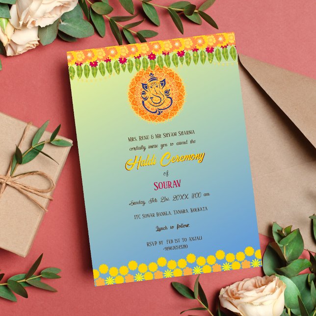 Invitación Floral de ceremonia hindú de Groom Haldi (Subido por el creador)