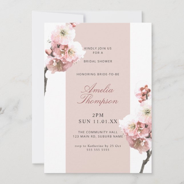 Invitación Floral de cerezo Dusty Floral rosa ducha de novia (Anverso)