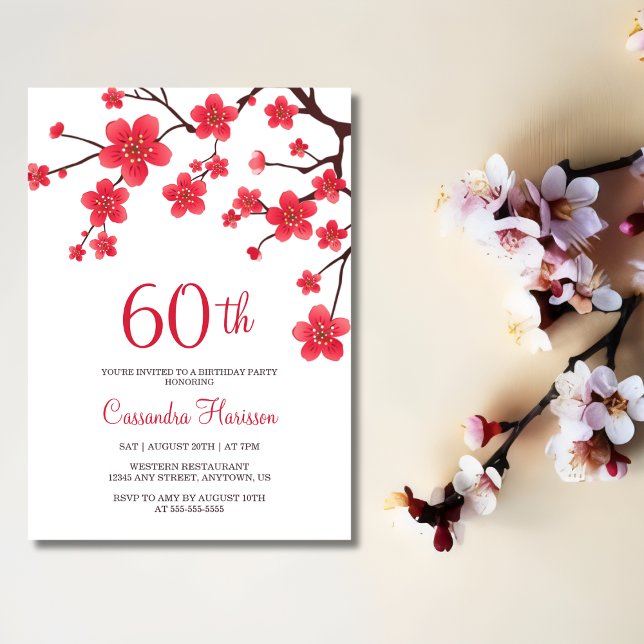 Invitación Floral de cerezo rojo Sakura Rústico Cumpleaños (Subido por el creador)